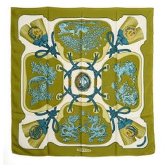 Hermès 1991 Foulard Carré 90 Tsubas Olive Green Silk Scarf