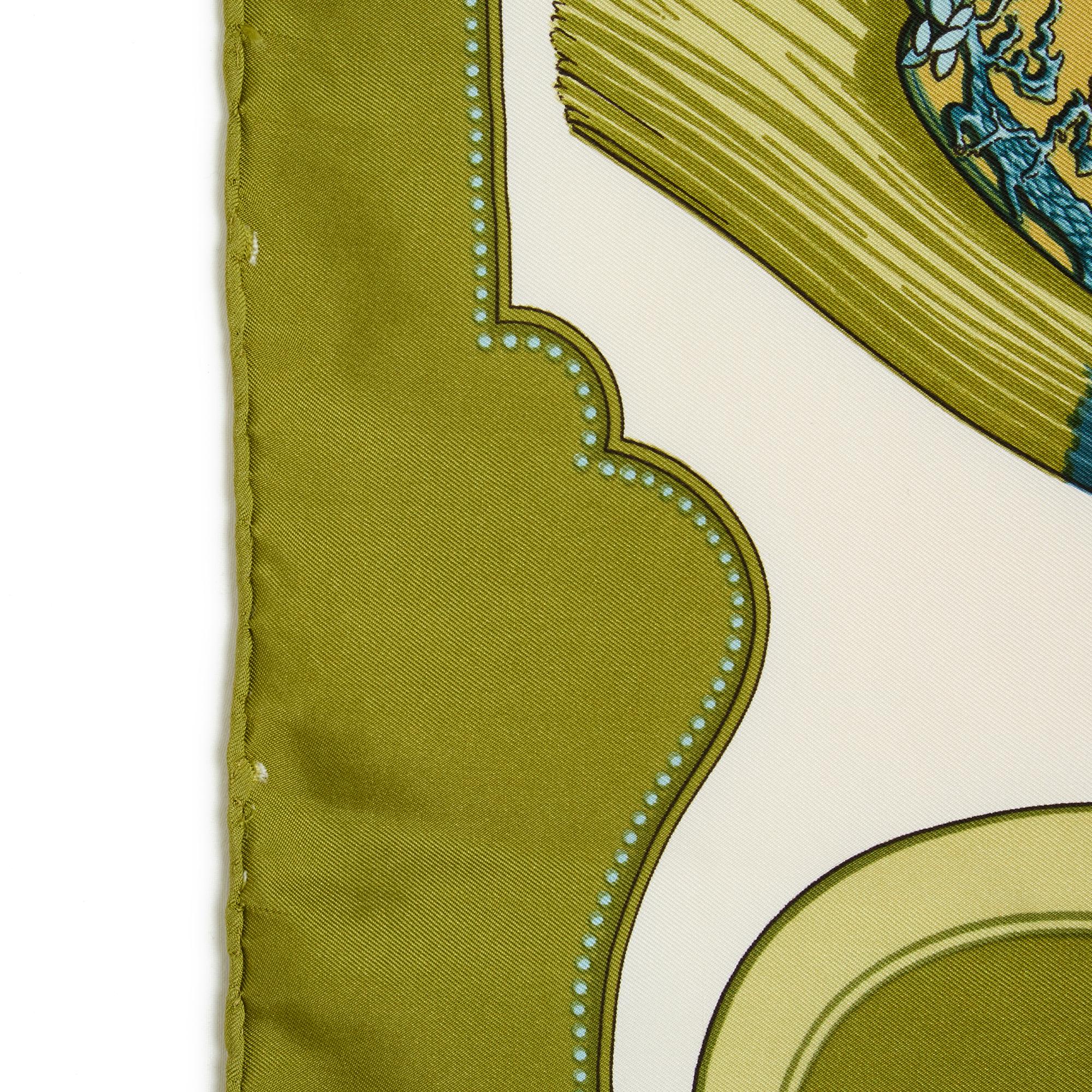 Women's or Men's Hermès 1991 Foulard Carré 90 Tsubas Olive Green Silk Scarf