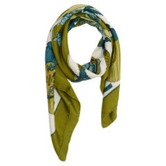 Vintage Hermès 1991 Foulard Carré 90 Tsubas Olive Green Silk Scarf