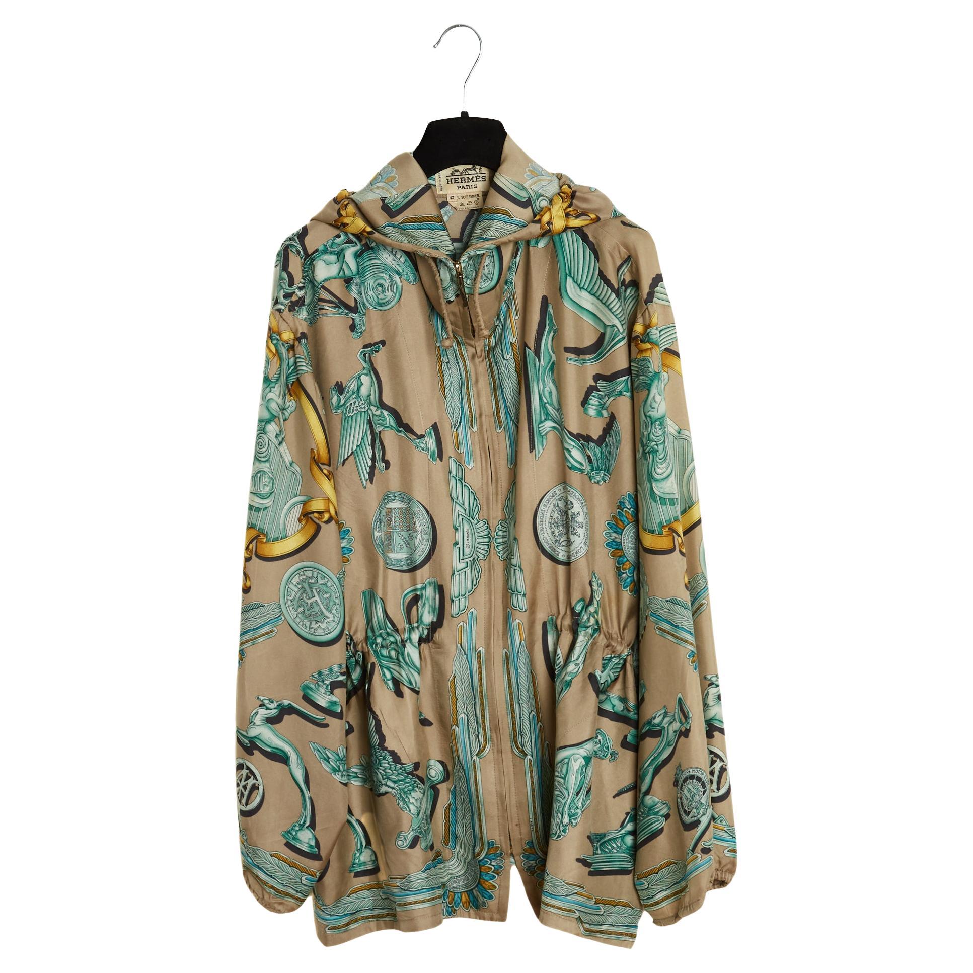 Hermès 1991 Parka FR42 Les Parures du Vent Chaqueta de sarga de seda US14 US10 Hermes