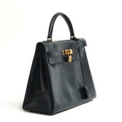 Hermes 1991 sac Kelly 32 Navy Box Leather bag and strap Pristine