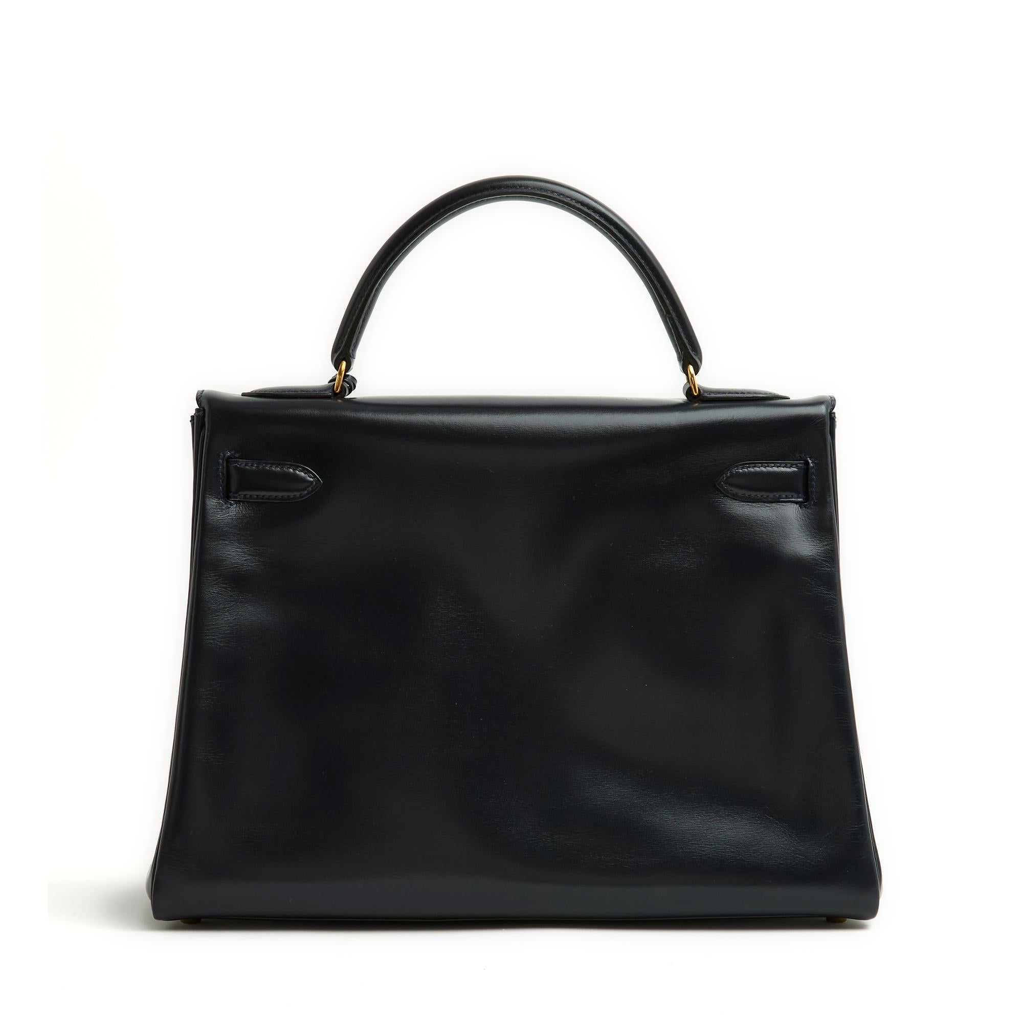 Black Hermes 1991 sac Kelly 32 Navy Box Leather bag and strap Pristine