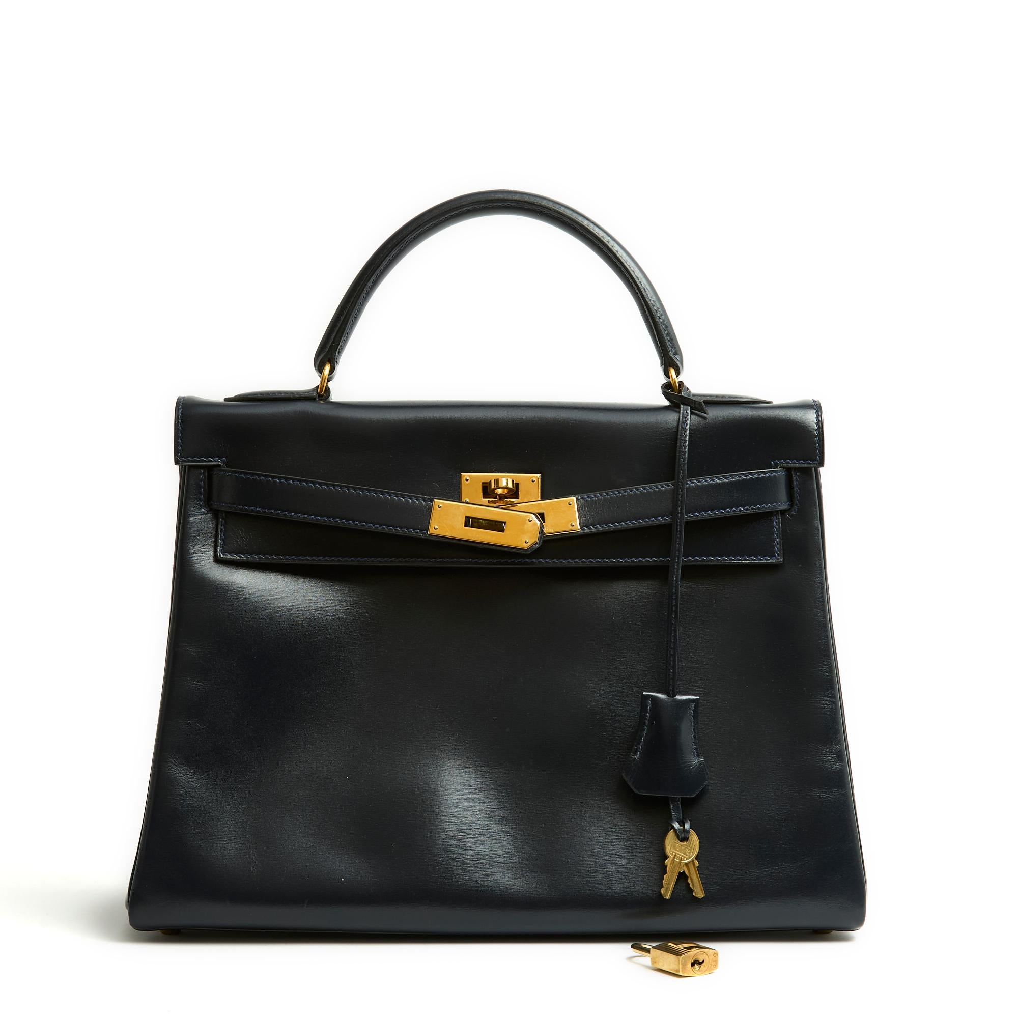 Hermes 1991 sac Kelly 32 Navy Box Leather bag and strap Pristine 1