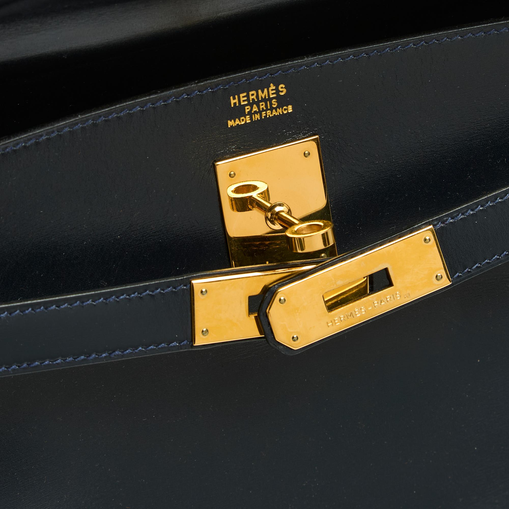 Hermes 1991 sac Kelly 32 Navy Box Leather bag and strap Pristine 2