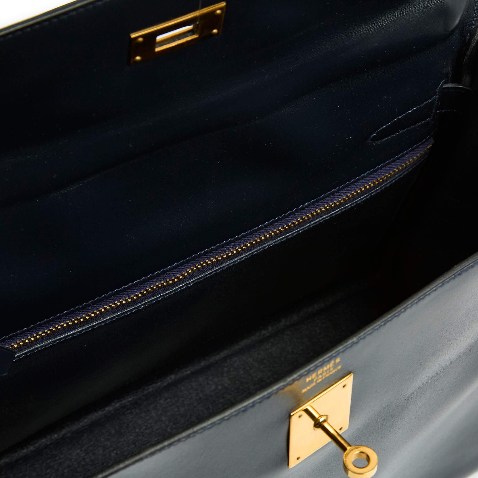 Hermes 1991 sac Kelly 32 Navy Box Leather bag and strap Pristine 3