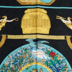 Hermès 1992 Foulard Carré 90 Le Geographe Black Damask Silk Scarf Hermes