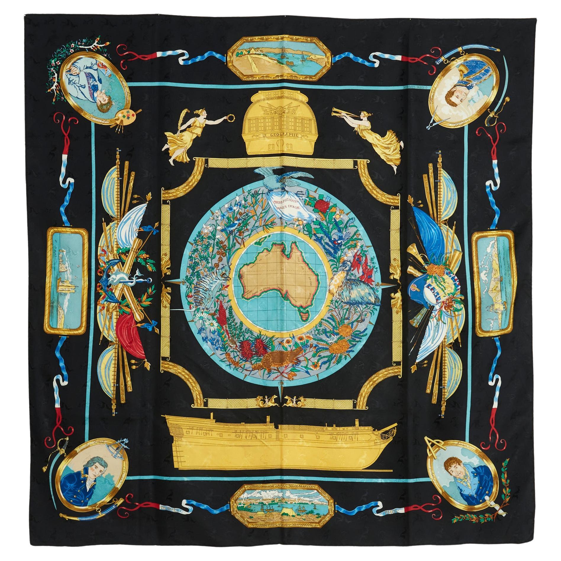 Hermès 1992 Foulard Carré 90 Le Geographe Sciarpa di seta damascata nera Hermès in vendita
