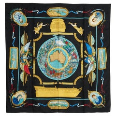 Hermès 1992 Foulard Carré 90 Le Geographe Black Damask Silk Scarf Hermes
