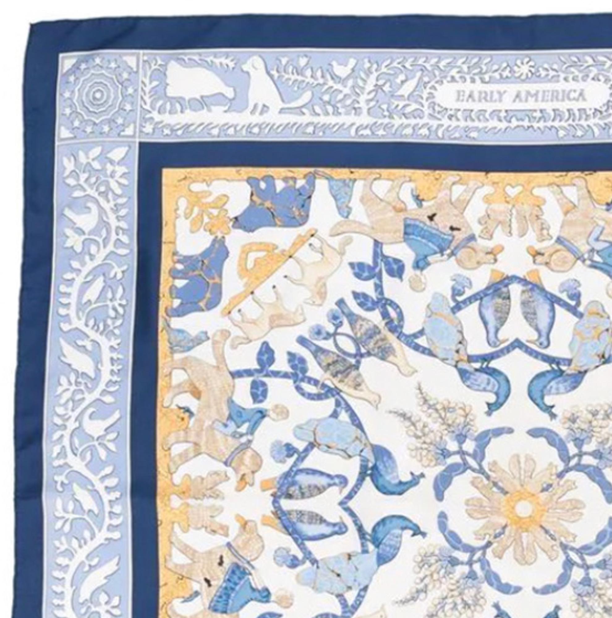 Hermes Seidenschal Early America von F.de la Perriere mit marineblauem Rand.
Circa 1994 
In gutem Vintage-Zustand. Hergestellt in Frankreich.
35,4in. (90cm)  X 35,4in. (90cm)
Wir garantieren Ihnen, dass Sie dies erhalten  ikonischer Artikel wie