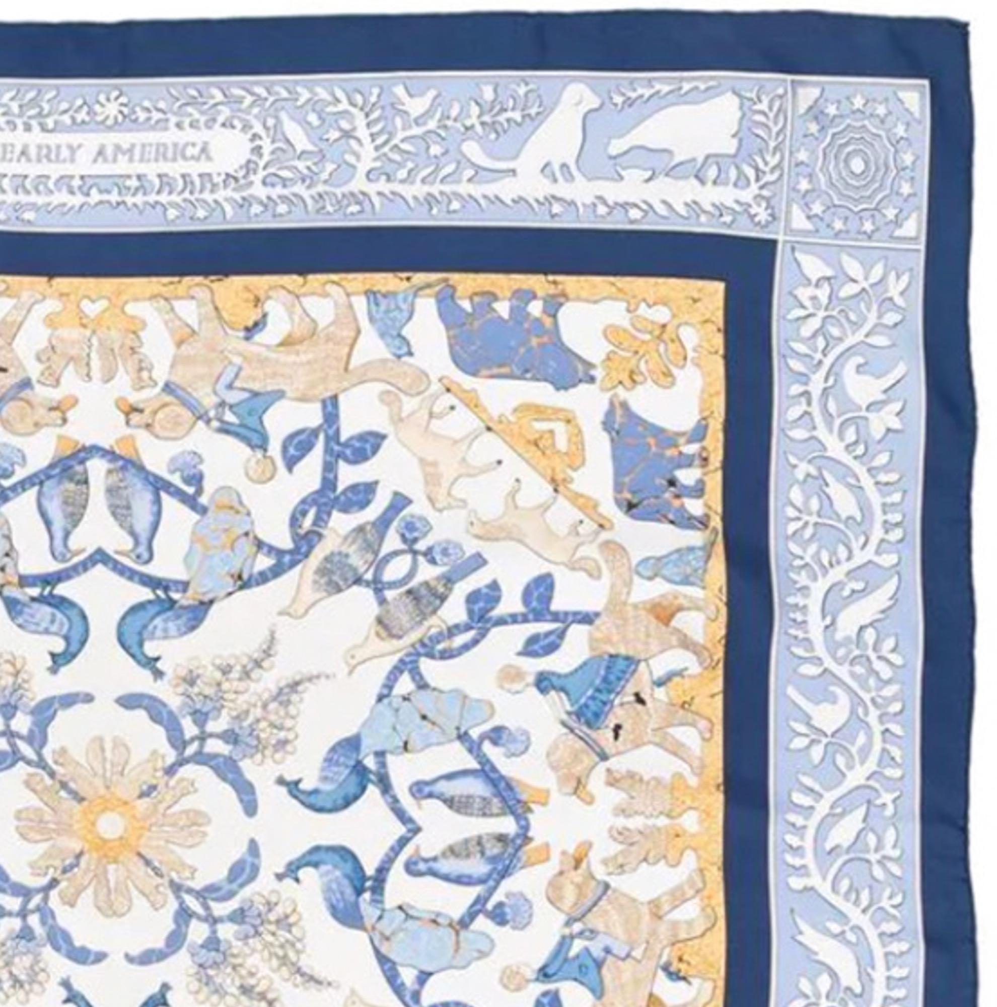 Blauer Seidenschal „Early America“ von F.de la Perriere, Hermès, 1994 (Grau)