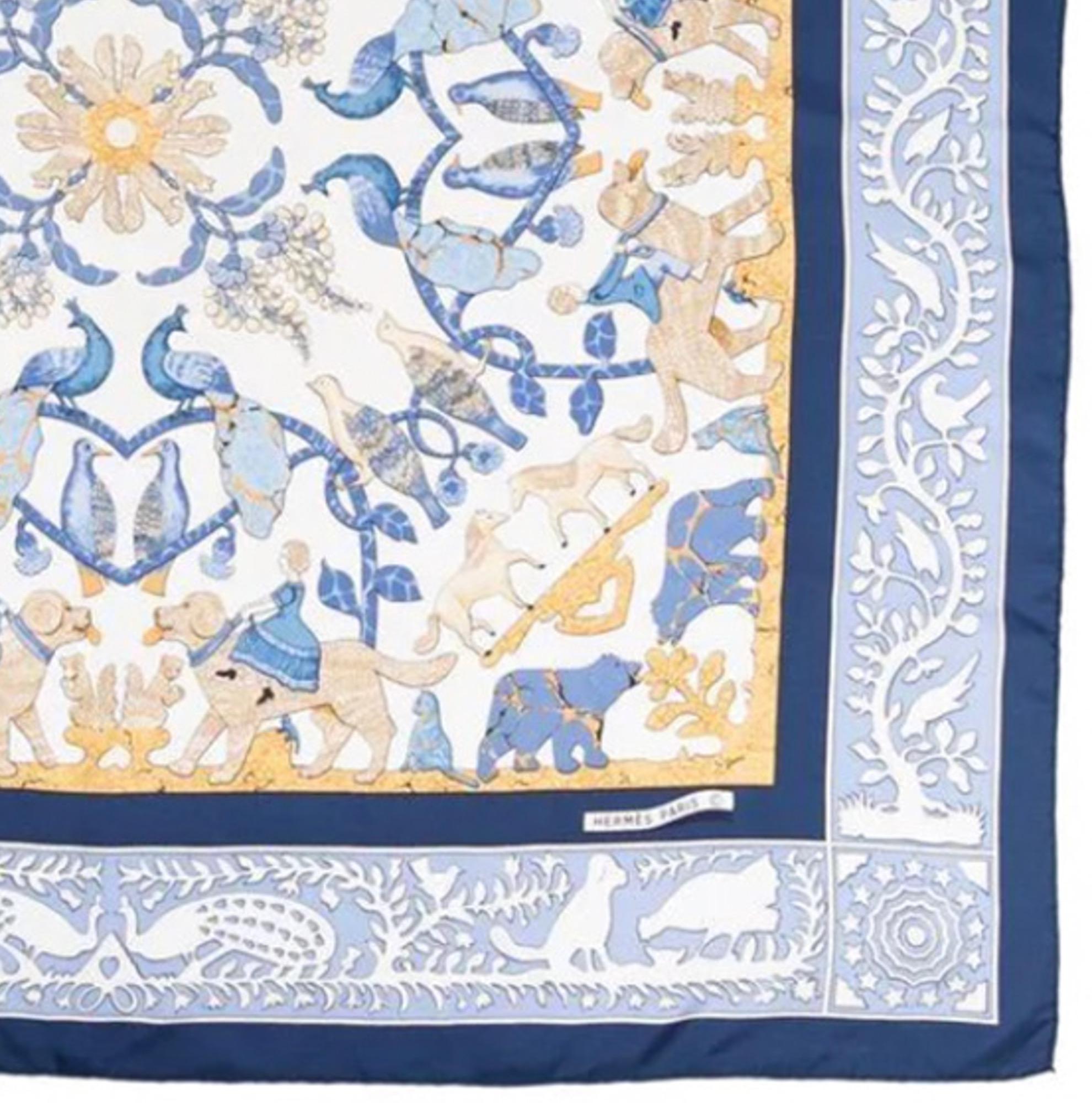 Blauer Seidenschal „Early America“ von F.de la Perriere, Hermès, 1994 für Damen oder Herren