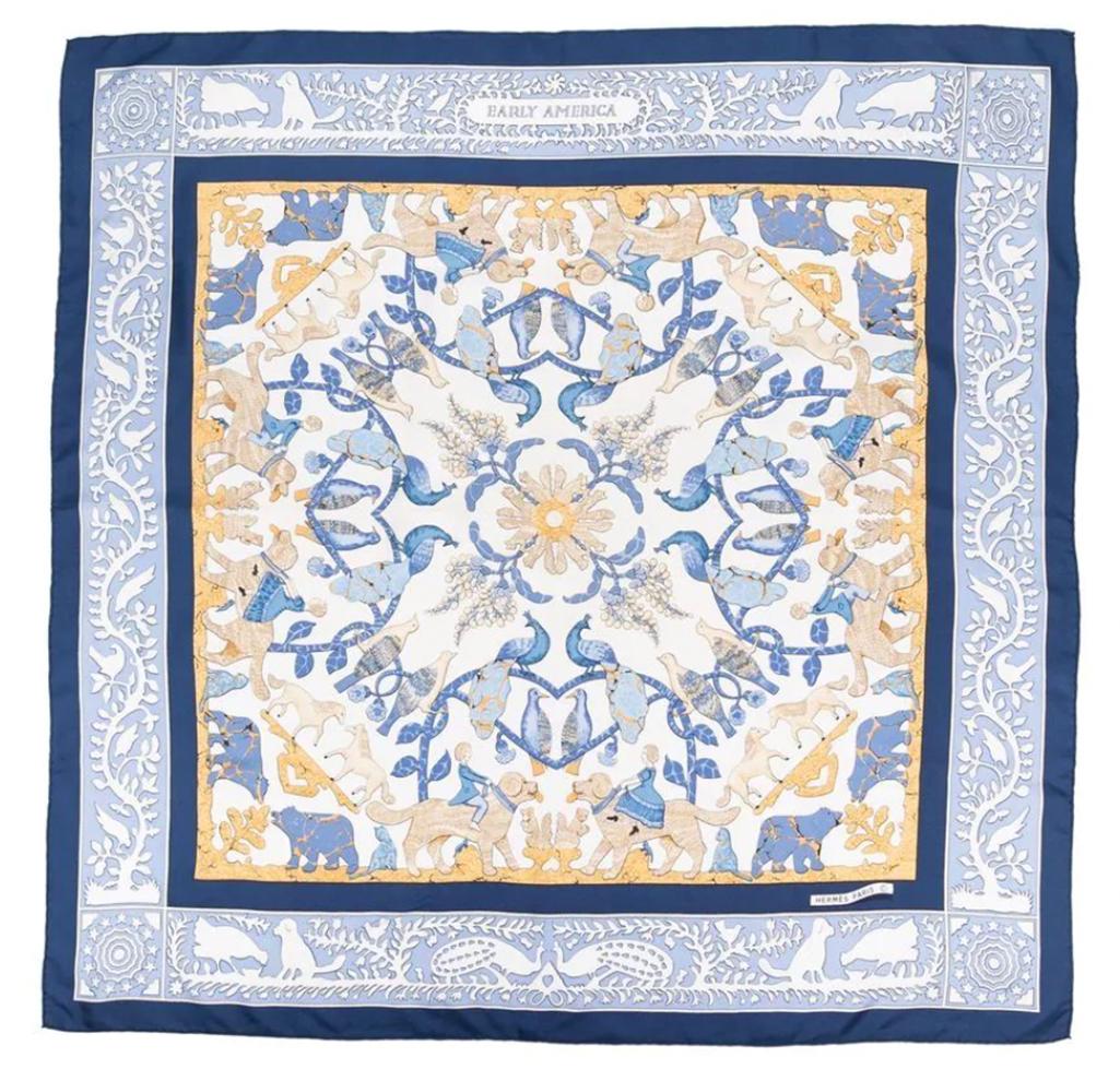 Blauer Seidenschal „Early America“ von F.de la Perriere, Hermès, 1994 3