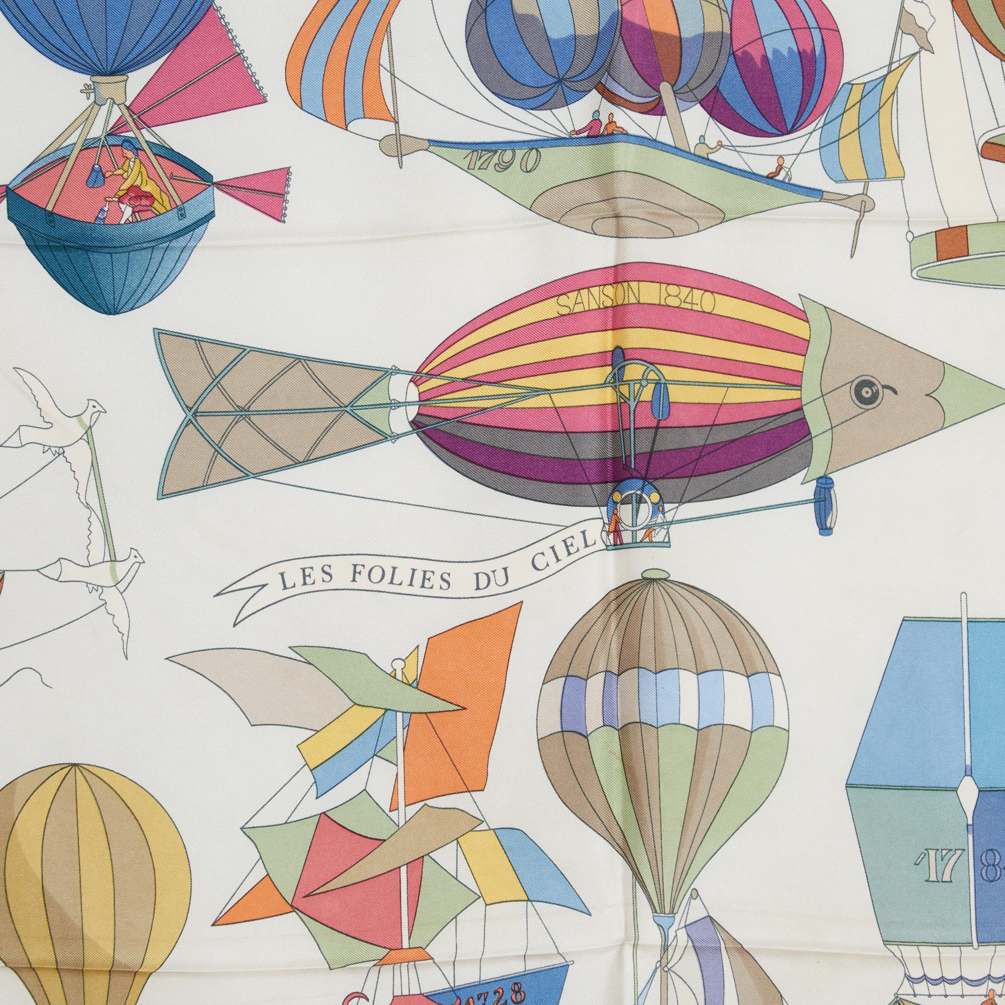 Hermès 1994 Foulard Carré 90 Les Folies du Ciel Dark Gray Silk Scarf Hermes In Good Condition For Sale In PARIS, FR