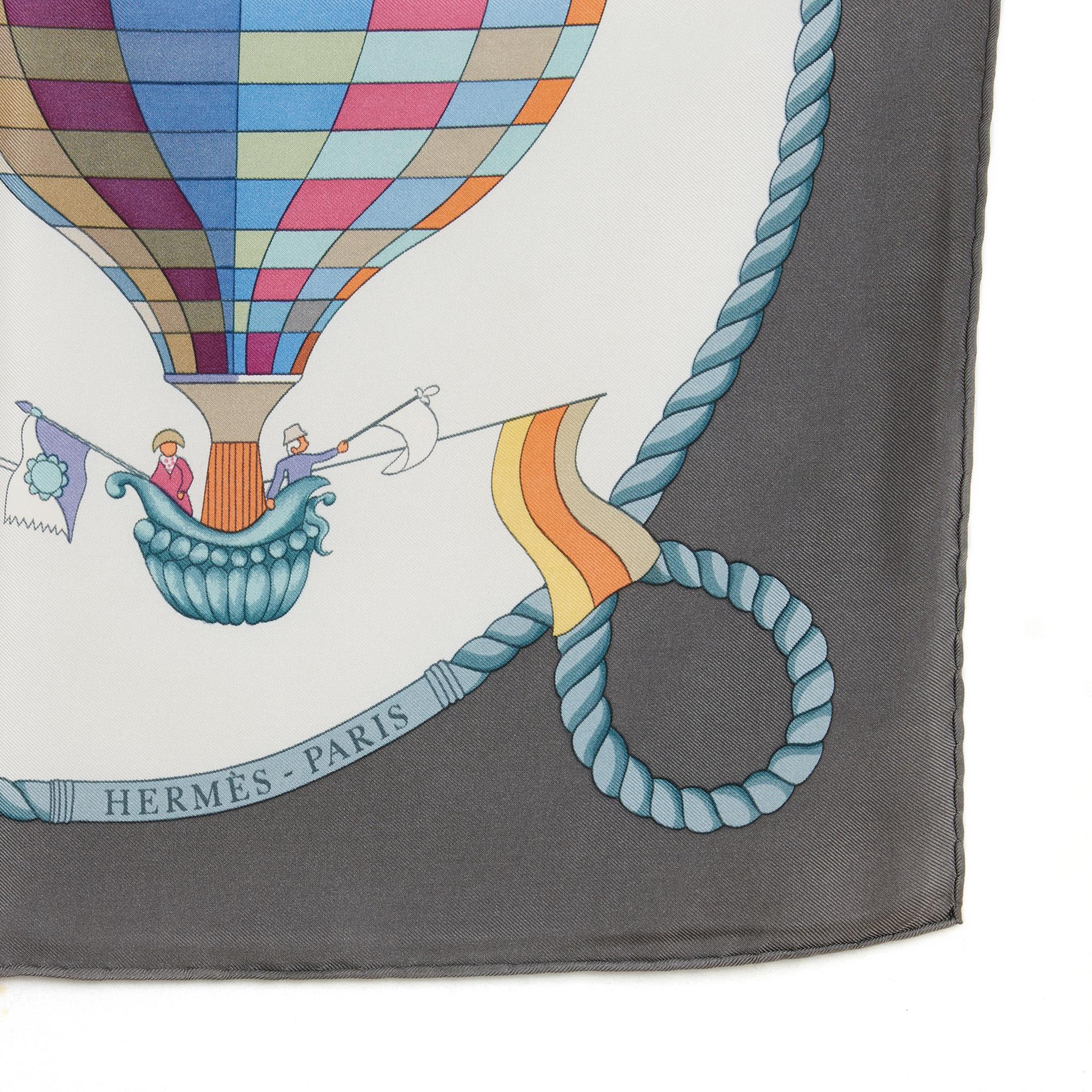 Women's or Men's Hermès 1994 Foulard Carré 90 Les Folies du Ciel Dark Gray Silk Scarf Hermes For Sale