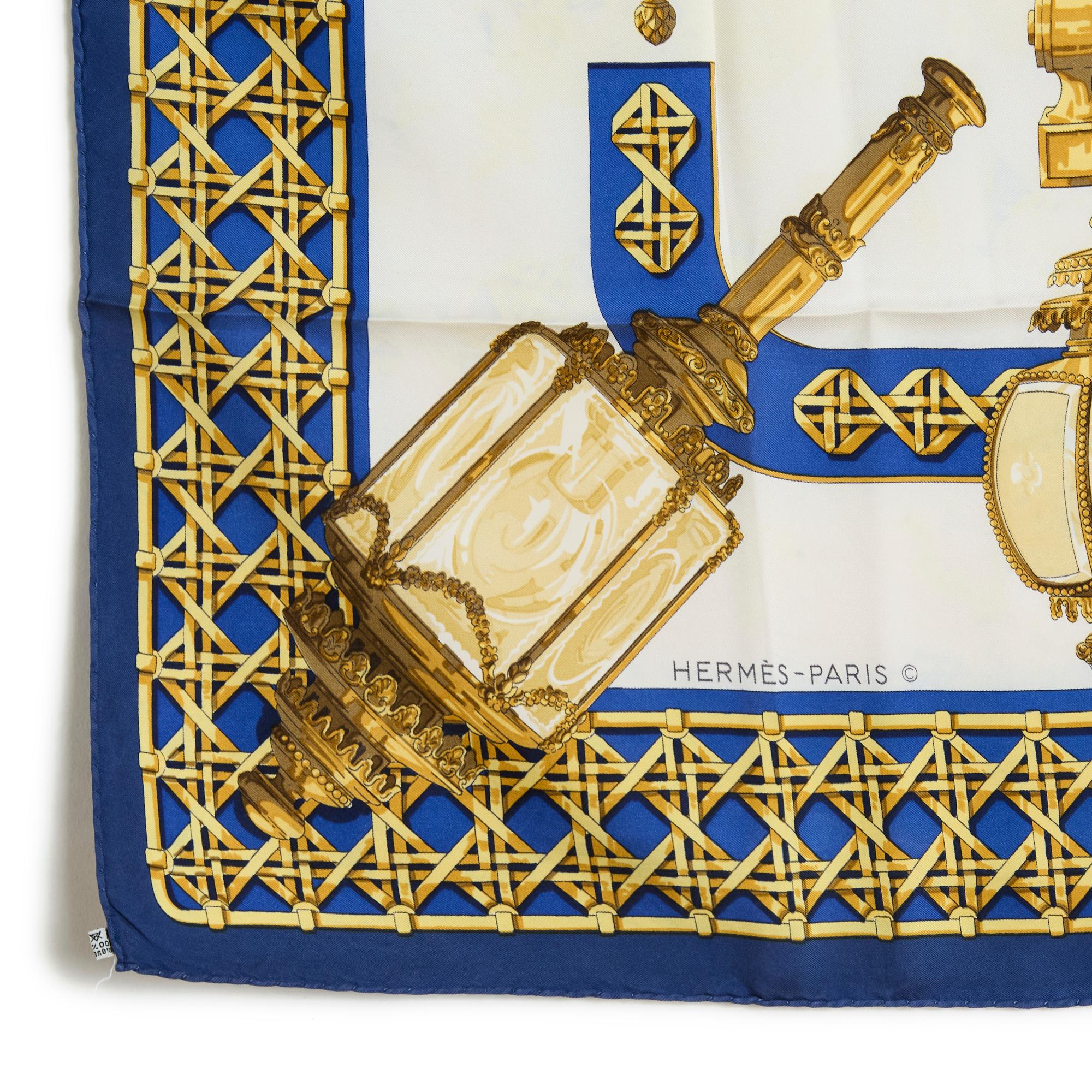 Beige Hermès 1995 Scarf Carre 90 Feux de Route Blue Gold