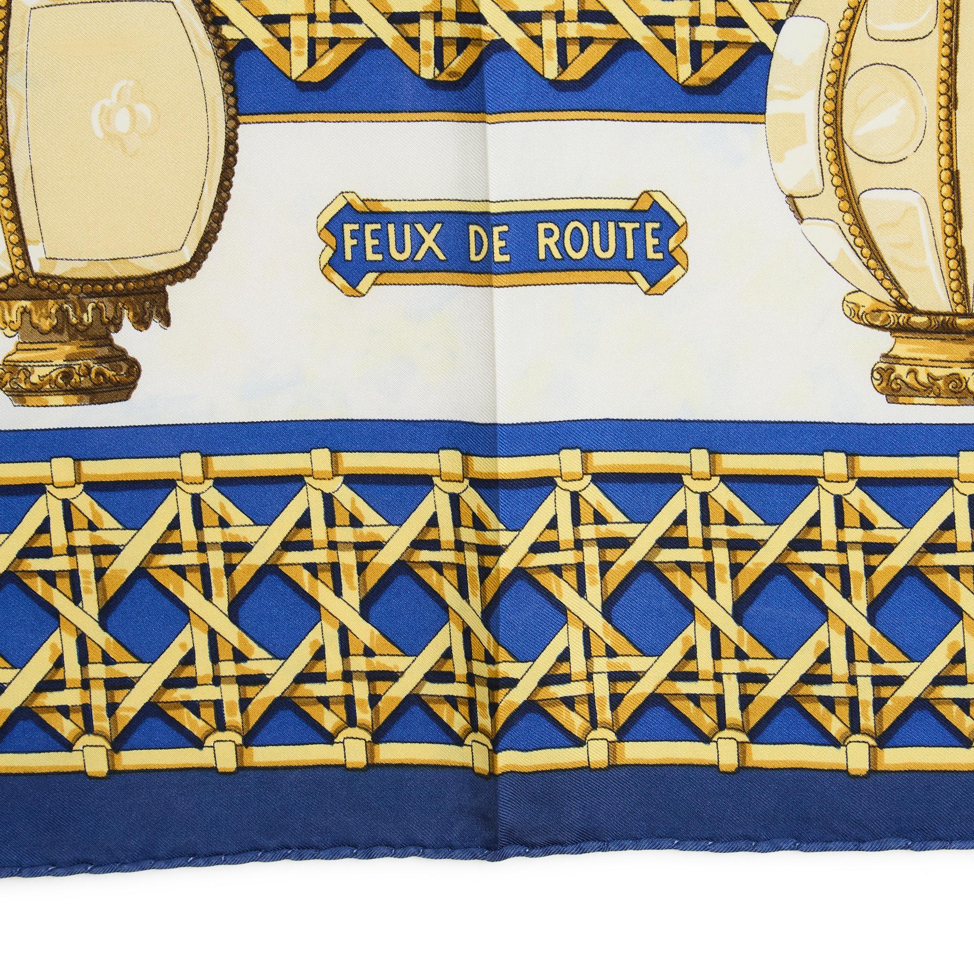Hermès 1995 Scarf Carre 90 Feux de Route Blue Gold In Good Condition In PARIS, FR