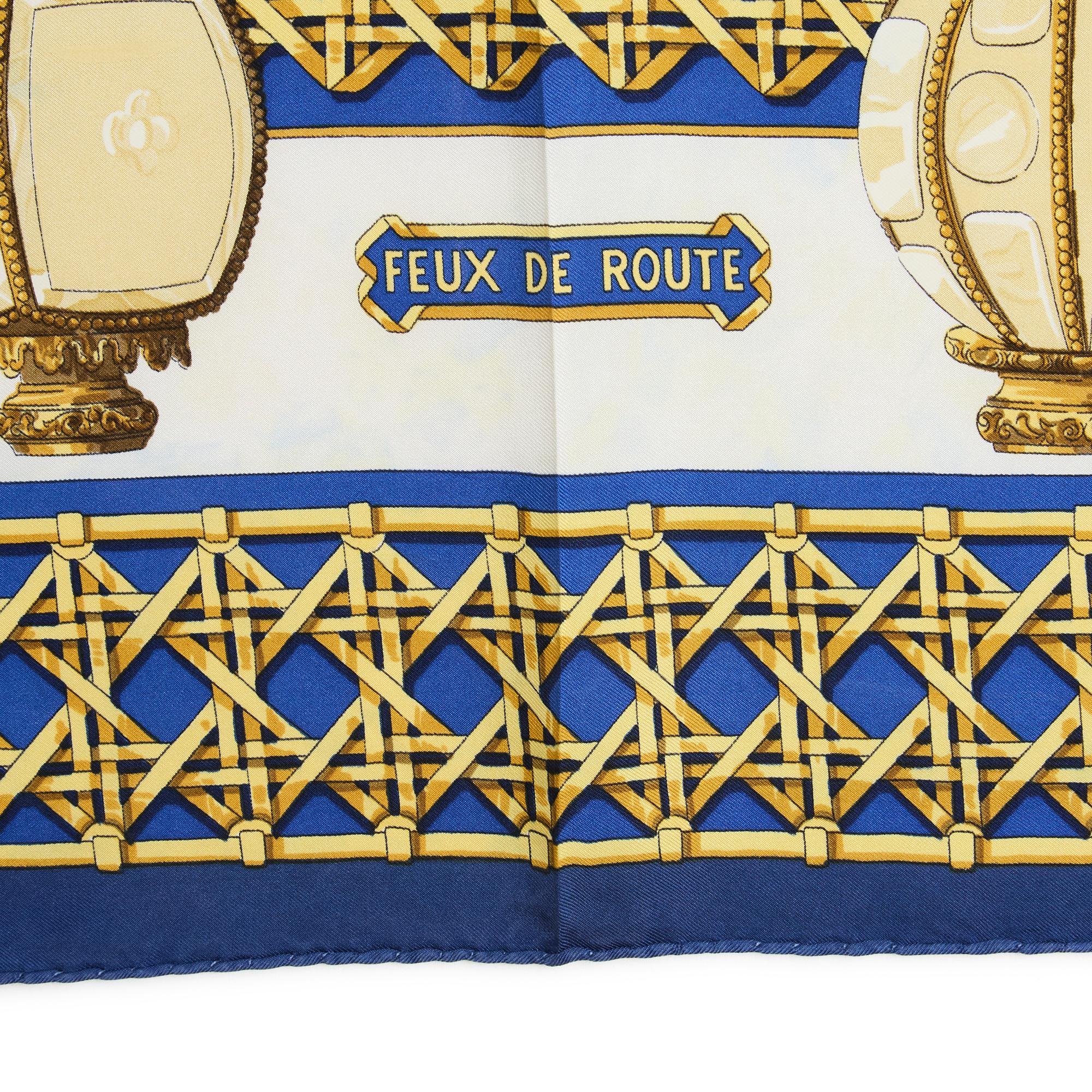 Women's Hermès 1995 Scarf Carre 90 Feux de Route Blue Gold For Sale