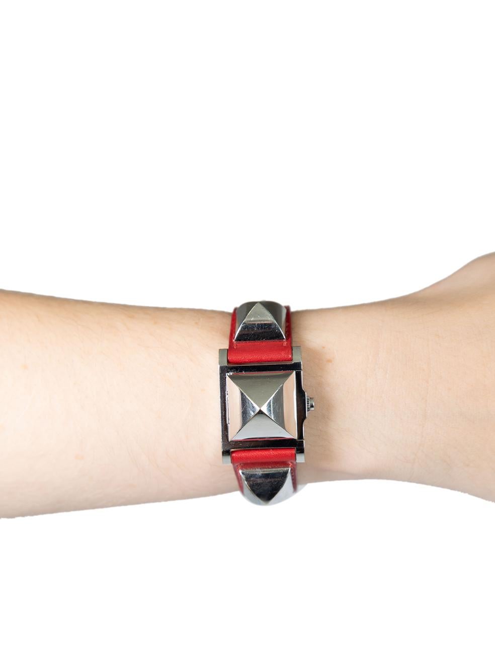 Hermès 1995 Silver With Red Leather Médor Watch In Good Condition In London, GB