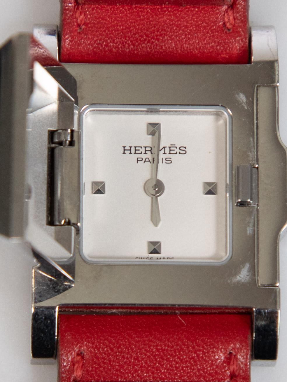 Hermès 1995 Silver With Red Leather Médor Watch 2