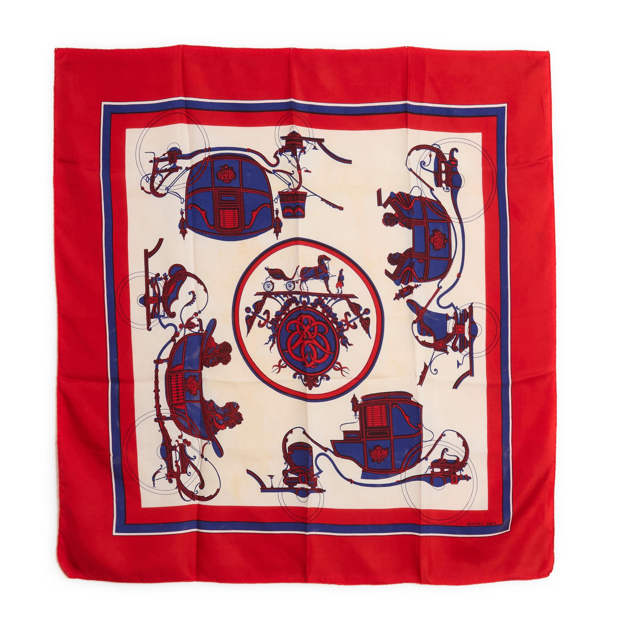 Hermès square 90 scarf in silk twill, Ex Libris pattern (originally created by Maurice-Emile Hermès in 1923) by Hugo Grygkar, published in 1996, reissued in 2004 then 2007, patterns in navy blue and red tones on background white, red edges. Width 90