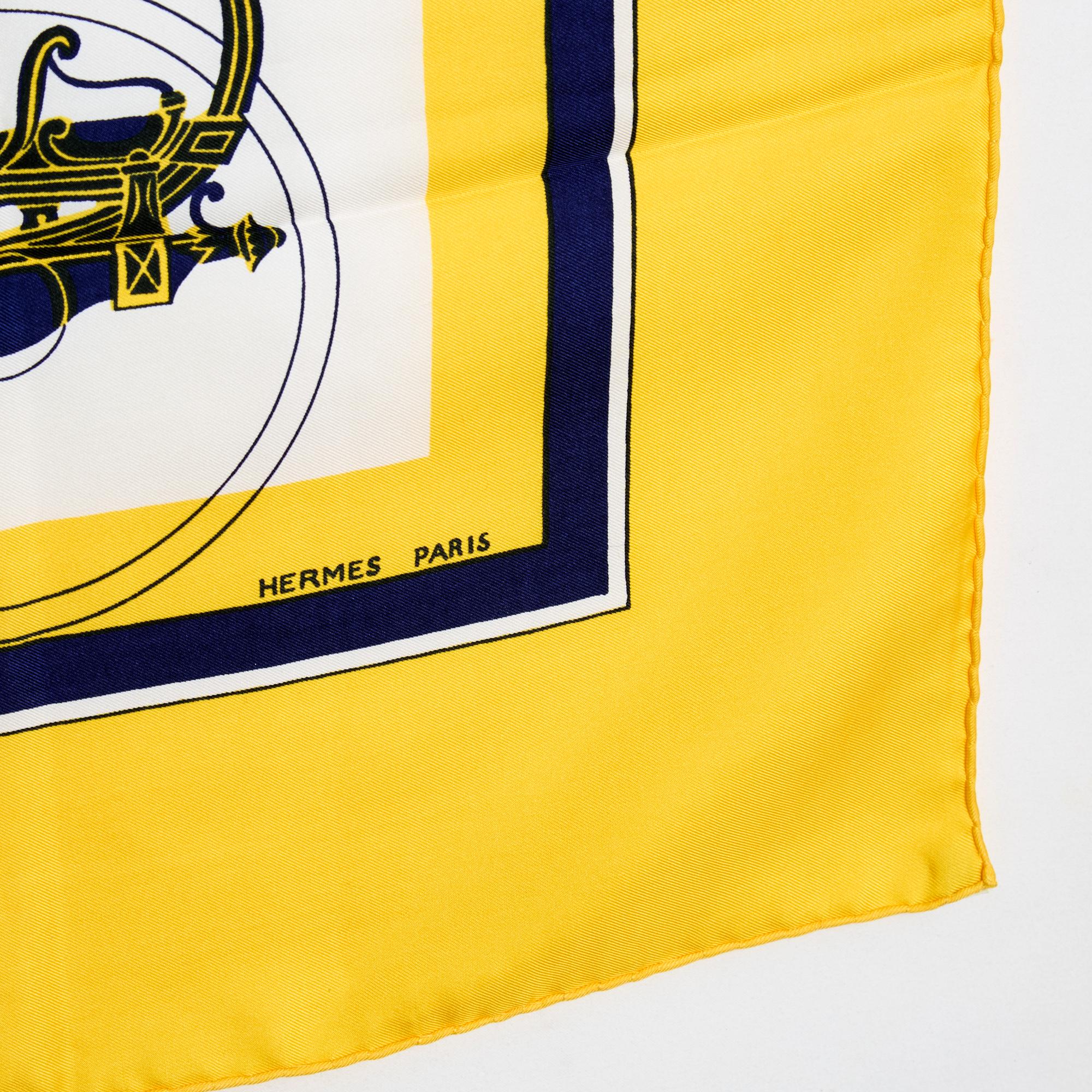 Women's or Men's Hermès 1996 Foulard Soie Carré 90 Ex Libris Yellow Silk Twill Scarf