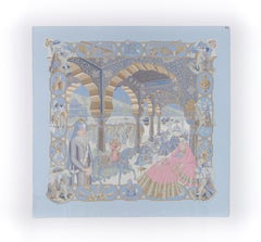 HERMES 1996 "Splendeur Des Maharajas" Blue Scenic Royal Indian Palace Silk Scarf