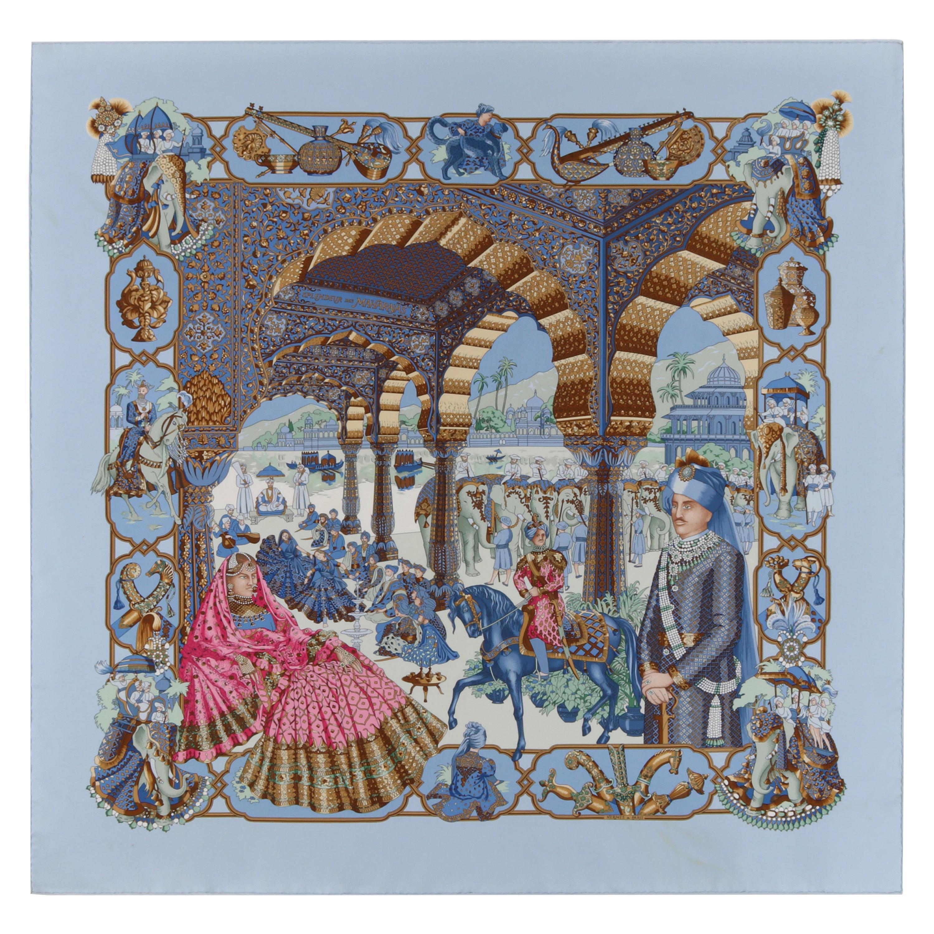 HERMES 1996 "Splendeur Des Maharajas" Blue Scenic Royal Indian Palace Silk Scarf