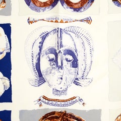 Hermès 1997 Foulard Carré 90 Persona Ecru Blue Silk Twill Scarf Carre Hermes