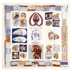 Hermès 1997 Foulard Carré 90 Persona Ecru Blue Silk Twill Scarf Carre Hermes