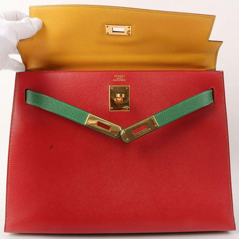 Hermes 1997 Made Kelly Bag 32Cm Red/Yellow/Green 11