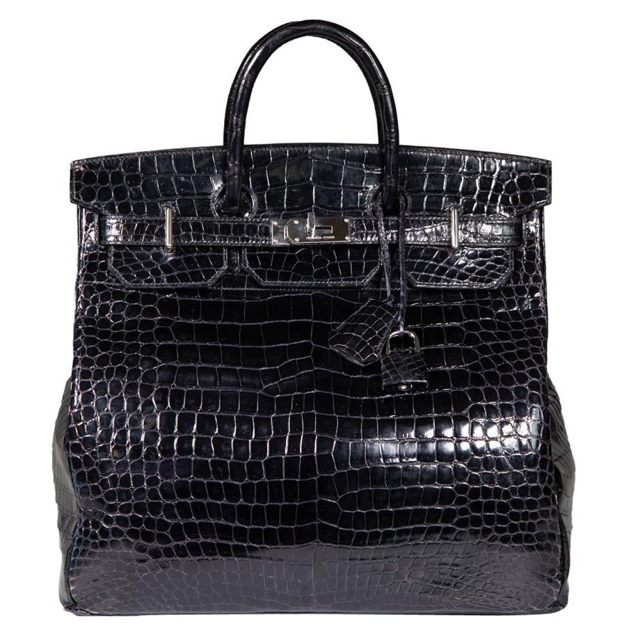 Hermès 1999 Noir Shiny Porosus Croc PHW Haut √† Courroies 40