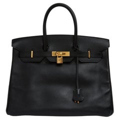 Hermès 1999 Sac Reteint Noir Birkin 35 Dyed Black Epsom Leather Hand Bag Hermes