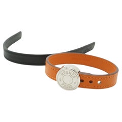 Hermes 2 Straps Black Orange Leather Clou de Selle Bracelet Size M
