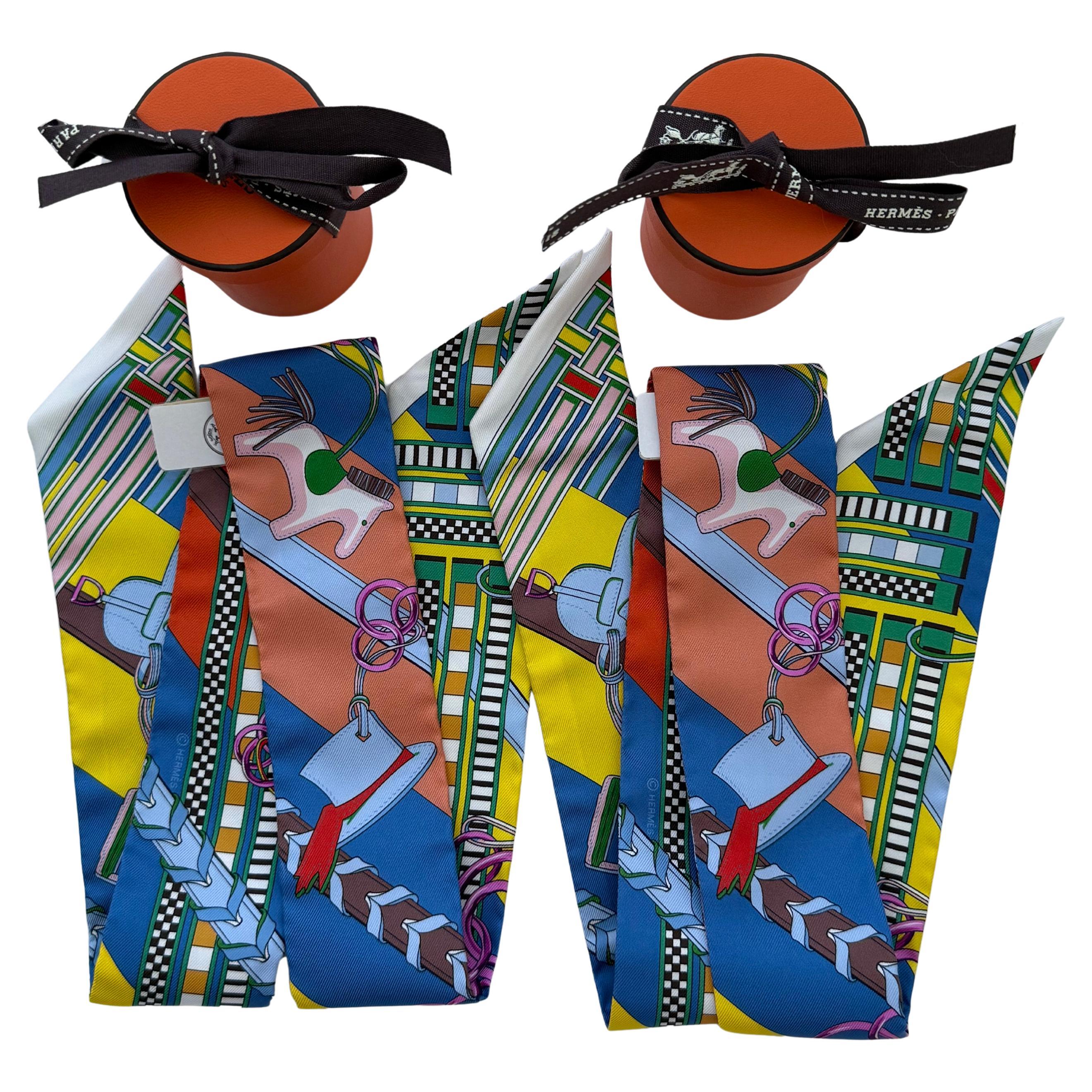 Hermes 2 Twilly Brides Et Gris Bleu Cobalt/Gris/Jaune New For Sale