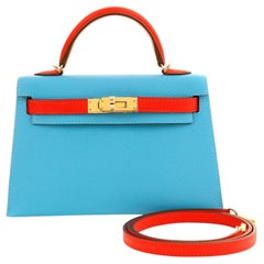 Hermès 20 cm Blue and Red Horseshoe Chevre Mini Kelly