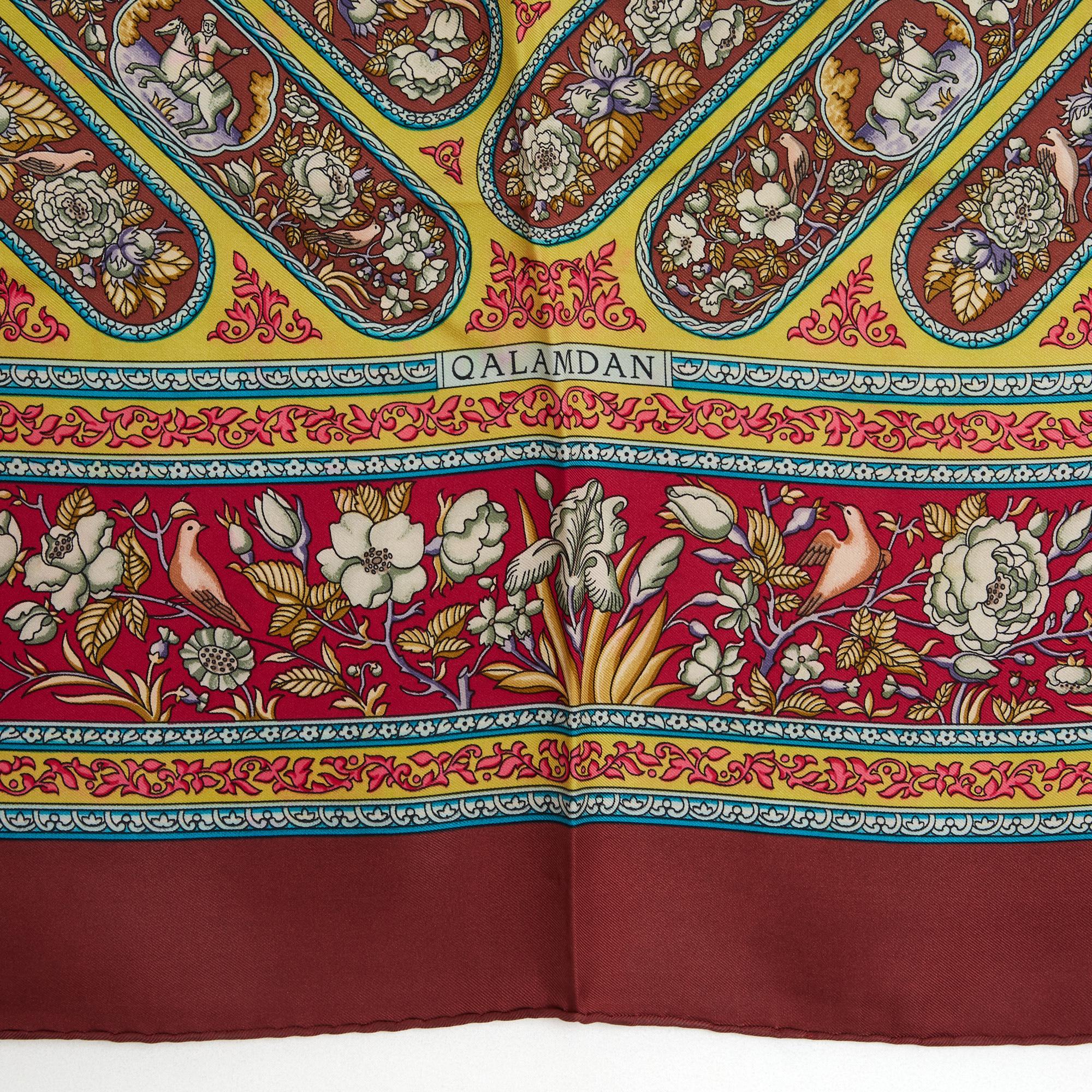 Brown Hermès 2000 Foulard Carré 90 Baschet Qalamdan Burgundy Silk Twill Scarf Hermes For Sale