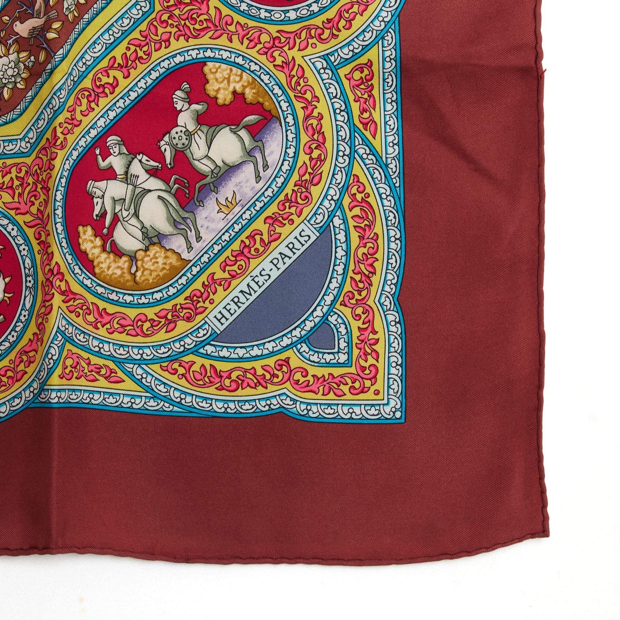 Hermès 2000 Foulard Carré 90 Baschet Qalamdan Burgundy Silk Twill Scarf Hermes In Good Condition For Sale In PARIS, FR