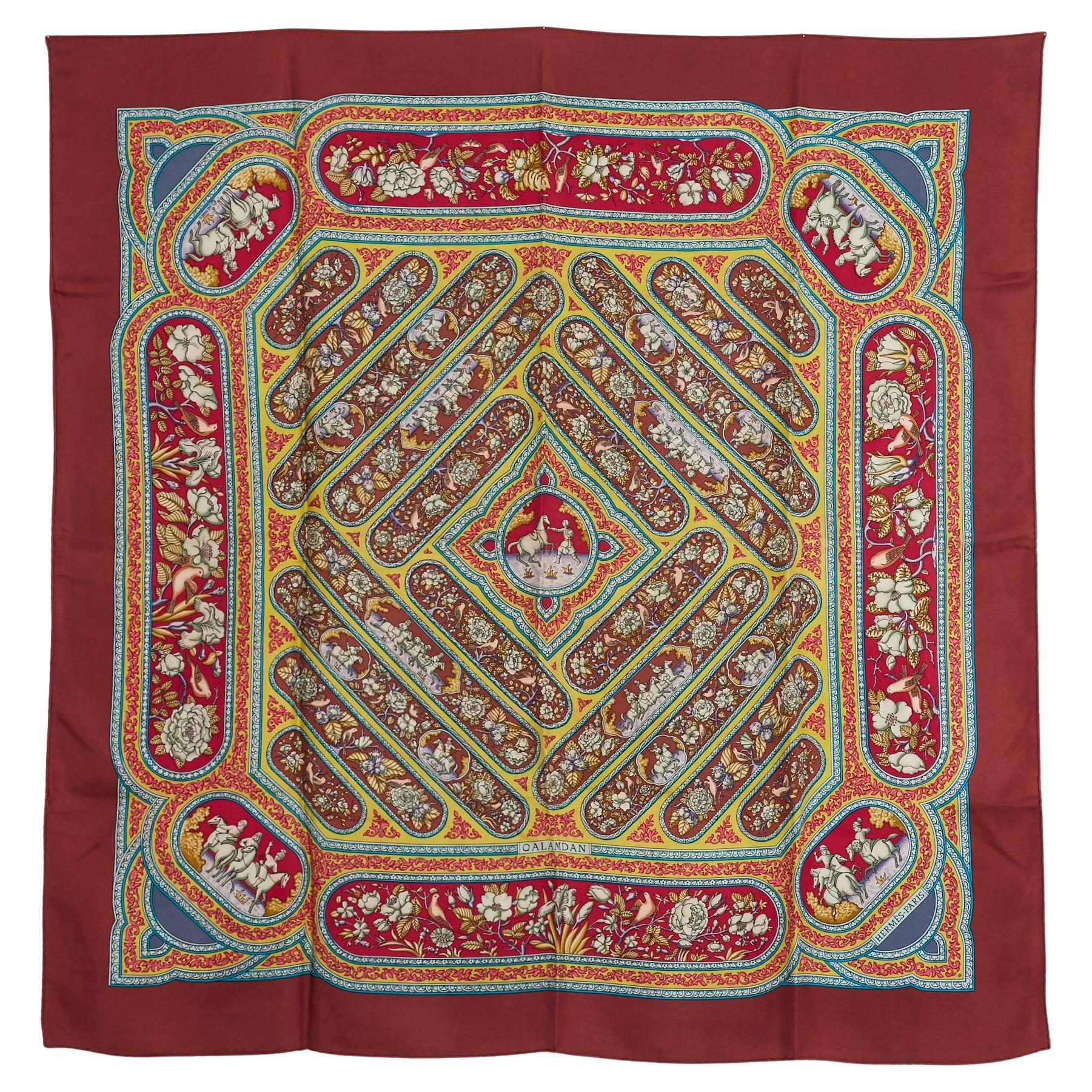 Hermès 2000 Foulard Carré 90 Baschet Qalamdan Burgundy Silk Twill Scarf Hermes For Sale