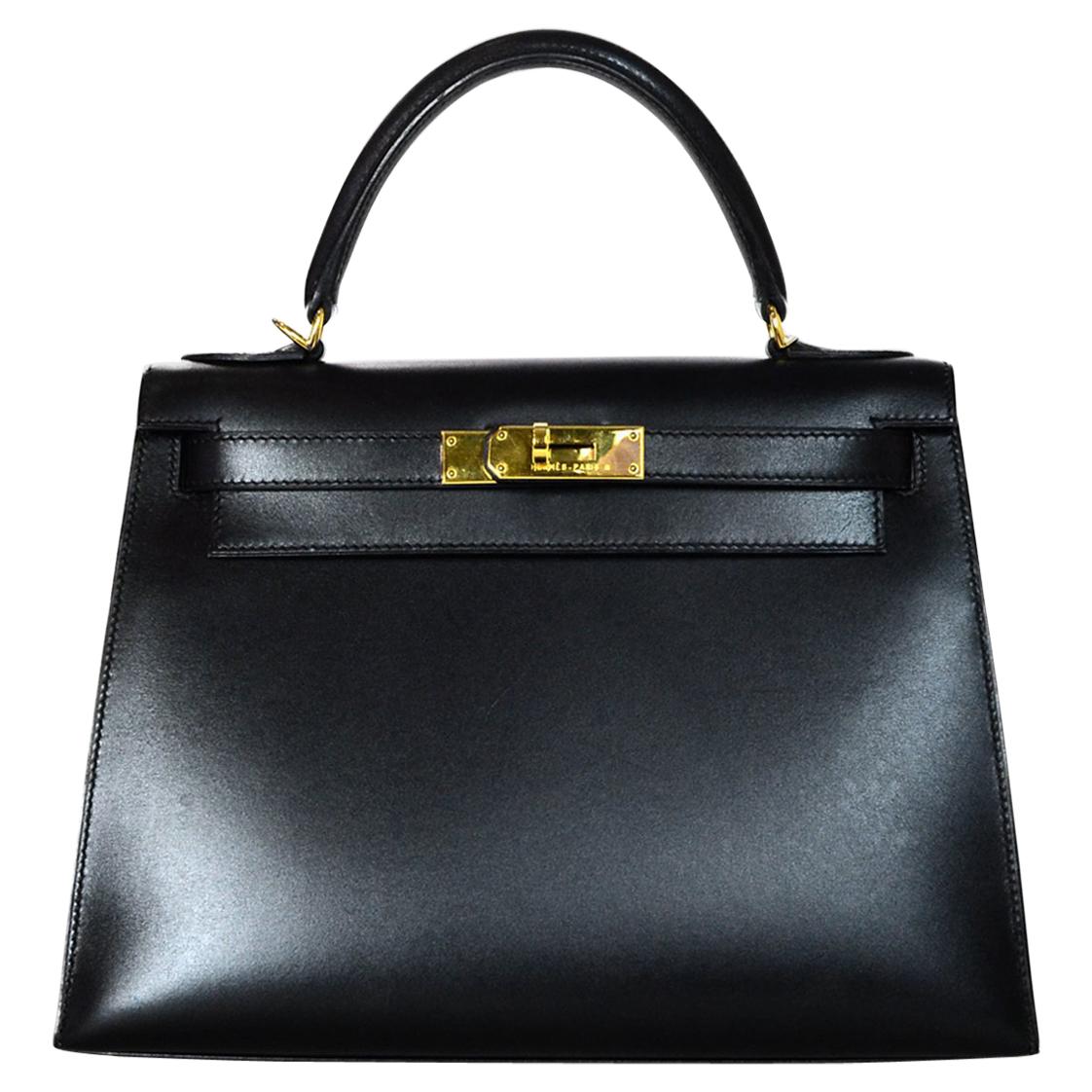 Hermes 2001 Black Box Leather 28cm Rigid Sellier Kelly Bag GHW