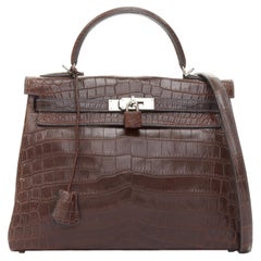 Borsa HERMES 2002 Kelly 32 Sellier opaca, pelle di Nilo (Ebene Niloticus) PHW marrone