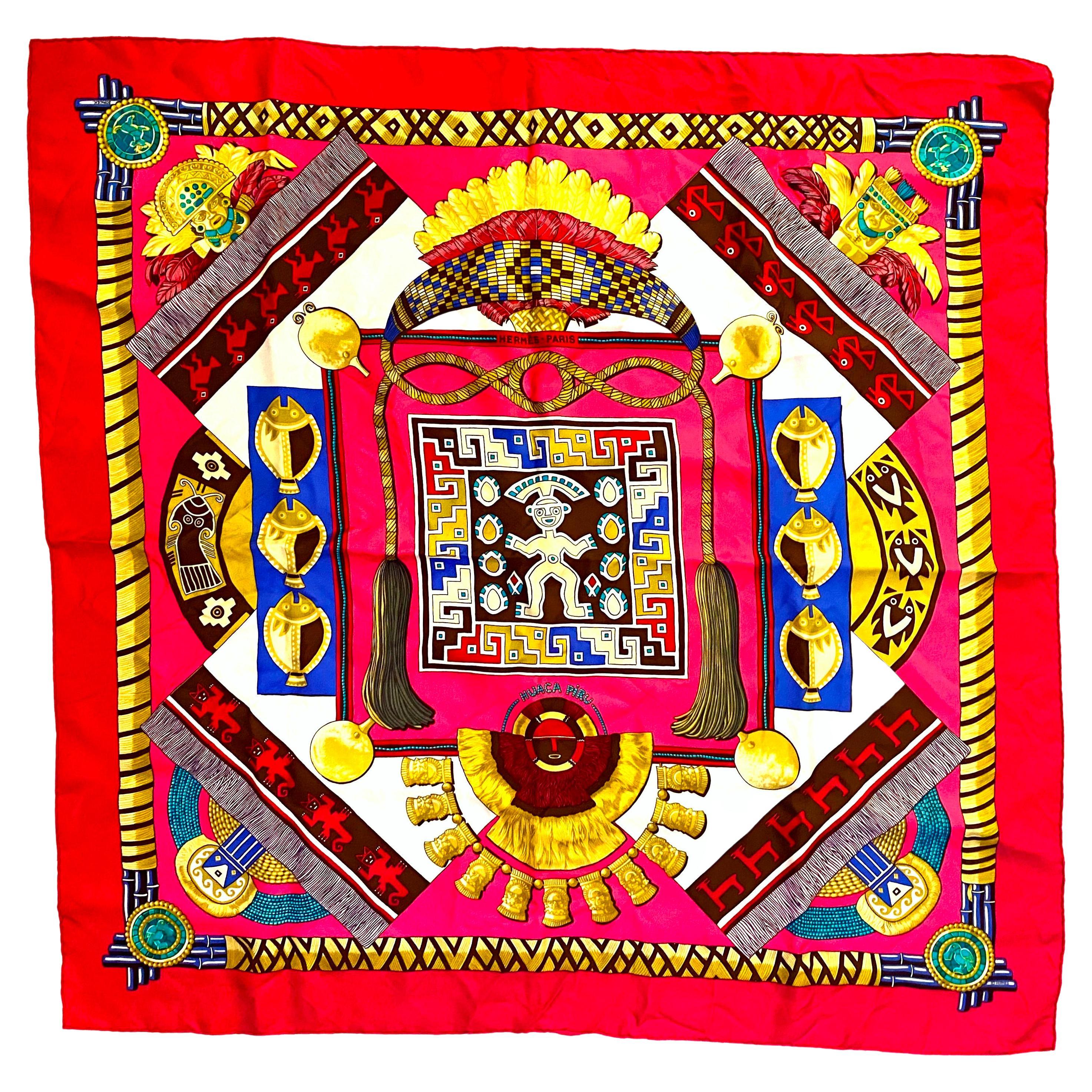 Foulard Carré En Soie 100% Vintage - Motif Géométrique Multicolore - Très Bon état
