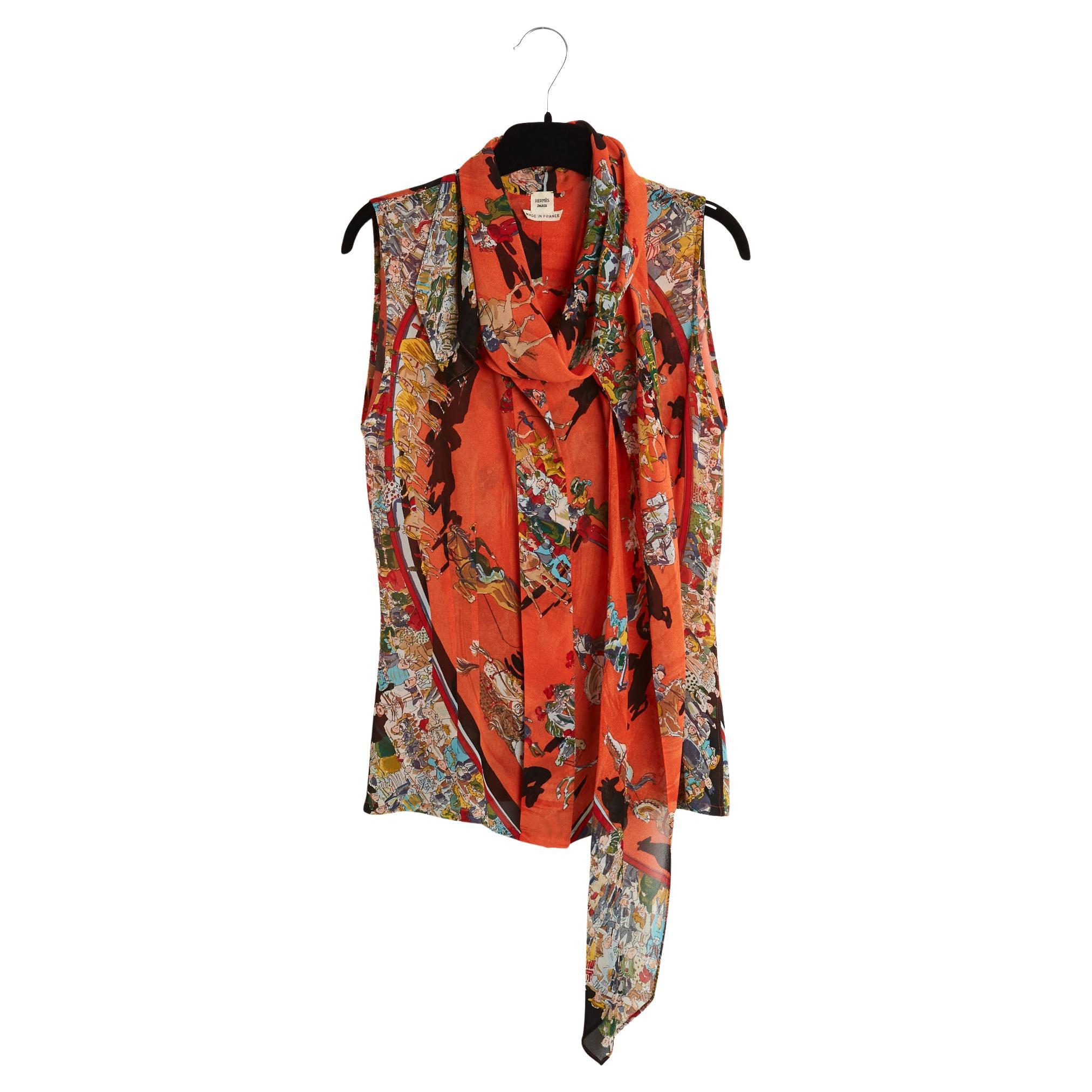Hermès 2004 Top Lavalliere FR34 Cirque Molier Silk Crepe Blouse UK6 US4 Hermes For Sale