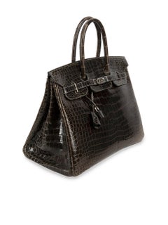 Hermès 2005 Brown Gris Foncé Shiny Porosus Crocs PHW Birkin 35