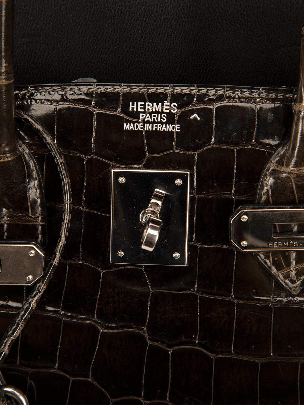 Hermès 2005 Brown Gris Foncé Shiny Porosus Crocs PHW Birkin 35 For Sale 3