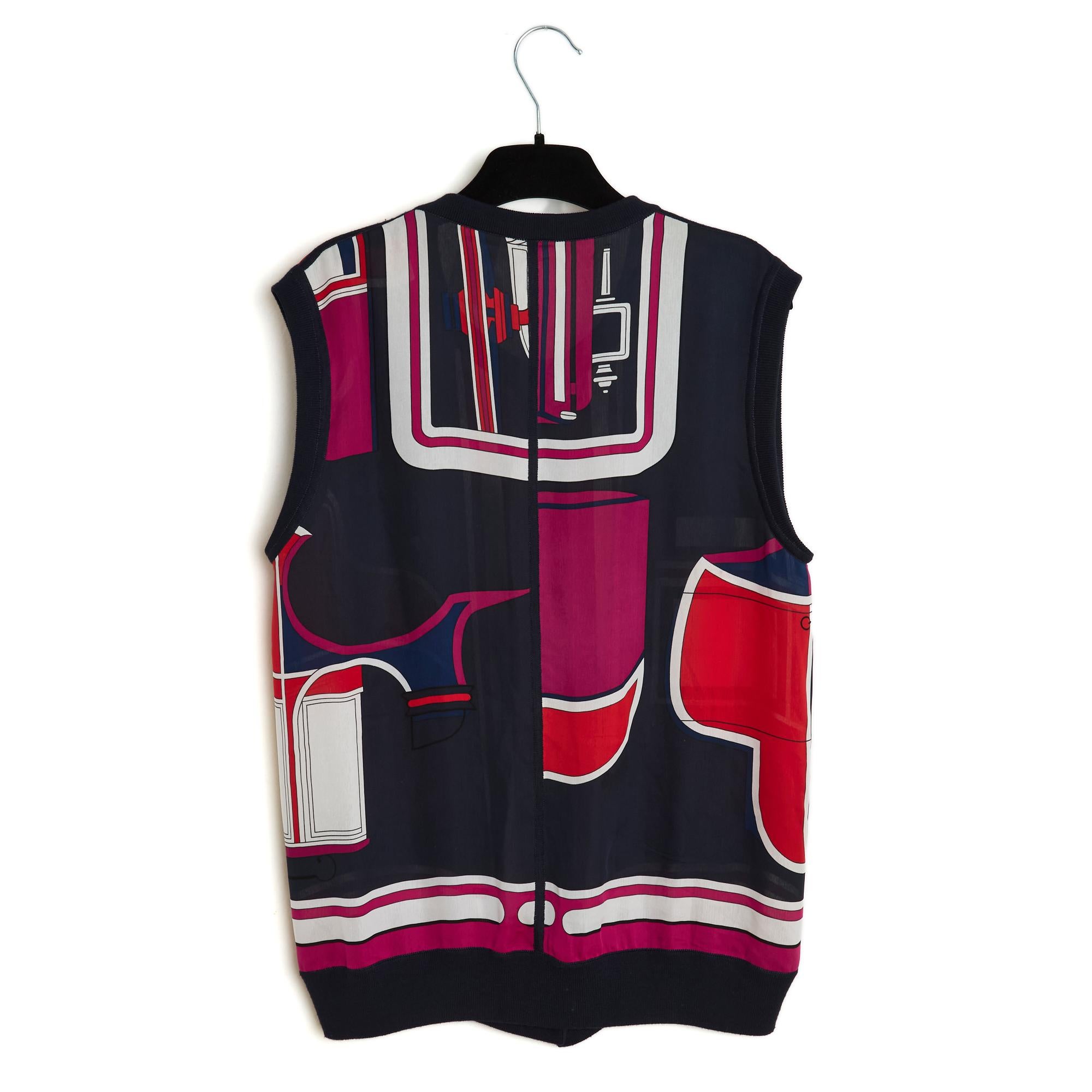 Women's Hermes 2005 Top Les Coupes FR38 Navy Pink Silk Crepe Top Vest UK10 US8 Hermès