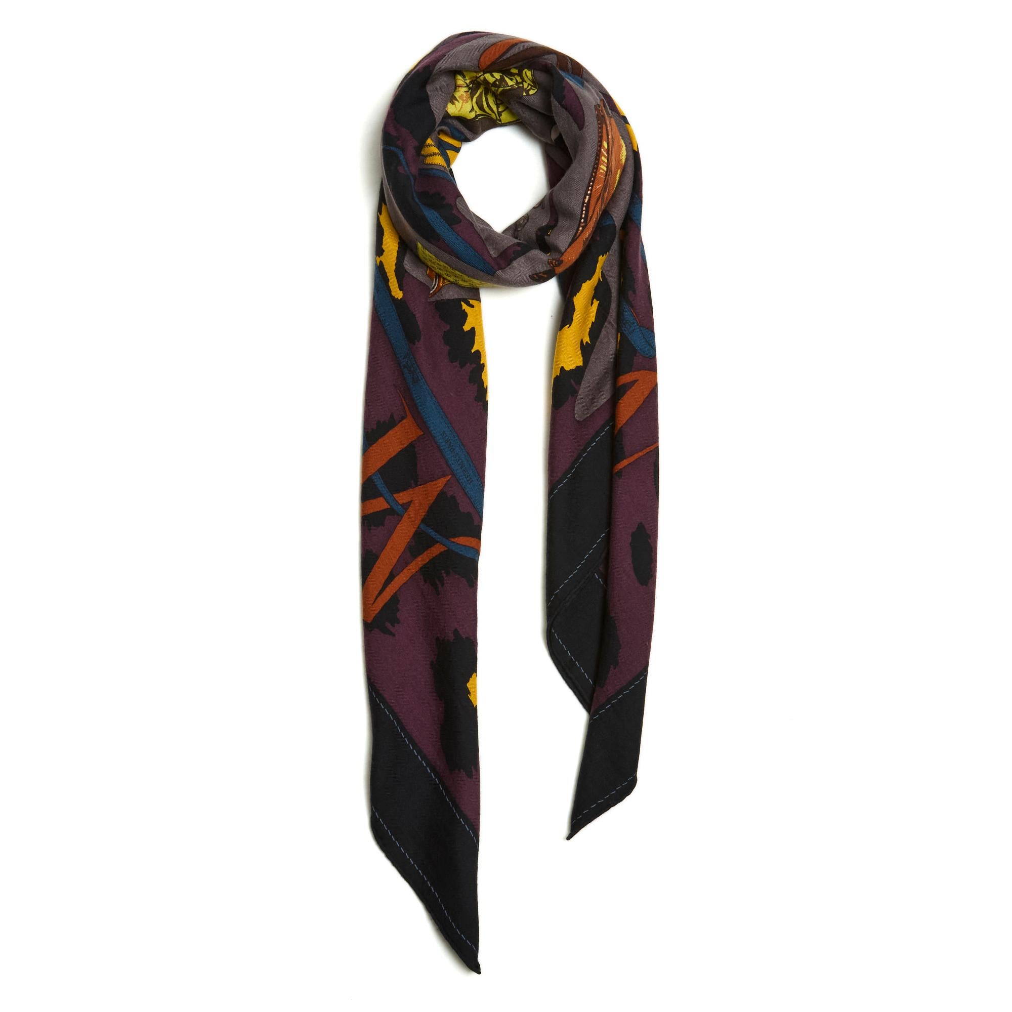 Hermès square scarf 140 shawl in cashmere twill (70%) and silk, Monsieur Madame pattern by Bali Barret in association with Robert Dallet, published in 2006, in shades of brown, taupe and yellow, black edge. Width 140 cm x length 140 cm