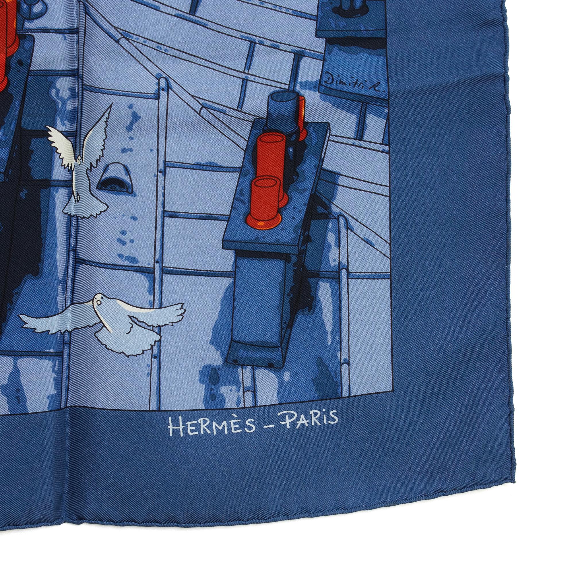 Hermès 2006 Foulard Carre 90 Les toits de Paris Navy Silk Twill Scarf Hermes In Excellent Condition In PARIS, FR