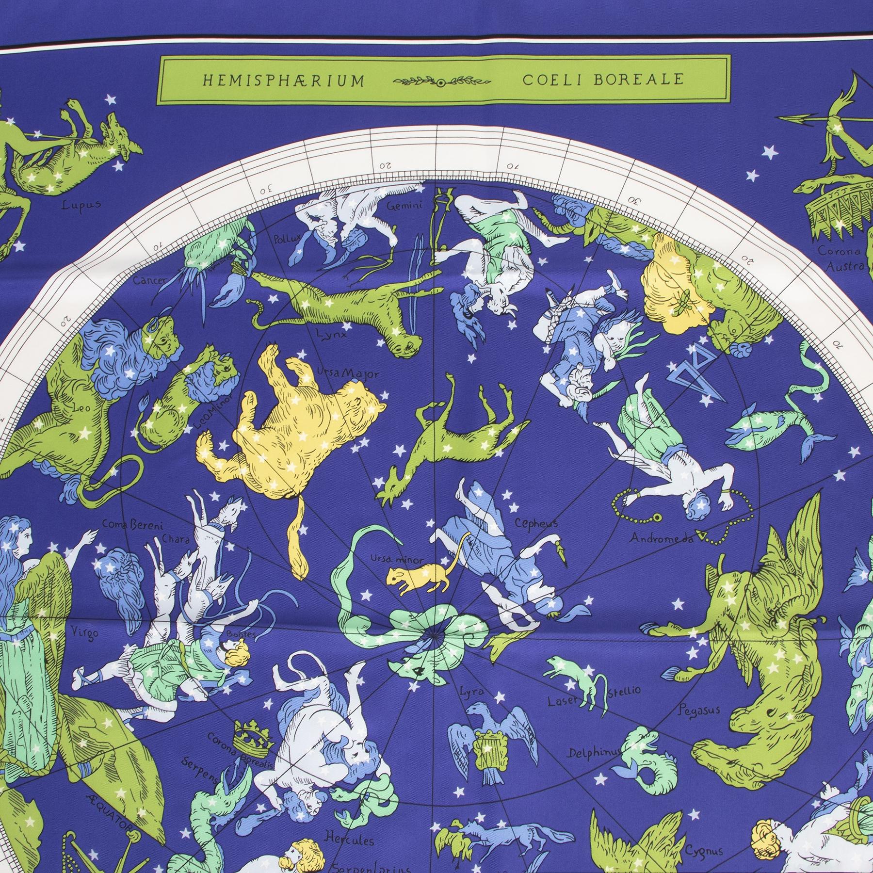 Very good condition

Hermès Cobalt Green Zodiac Hemisphaerium Coeli Boreale 2009 Scarf

This Hermès Zodiac Hemisphaerium Coeli Boreale was designed by Hugo Grygkar in 2009. This luxury scarf comes in 100% silk and features vibrant blue cobalt and
