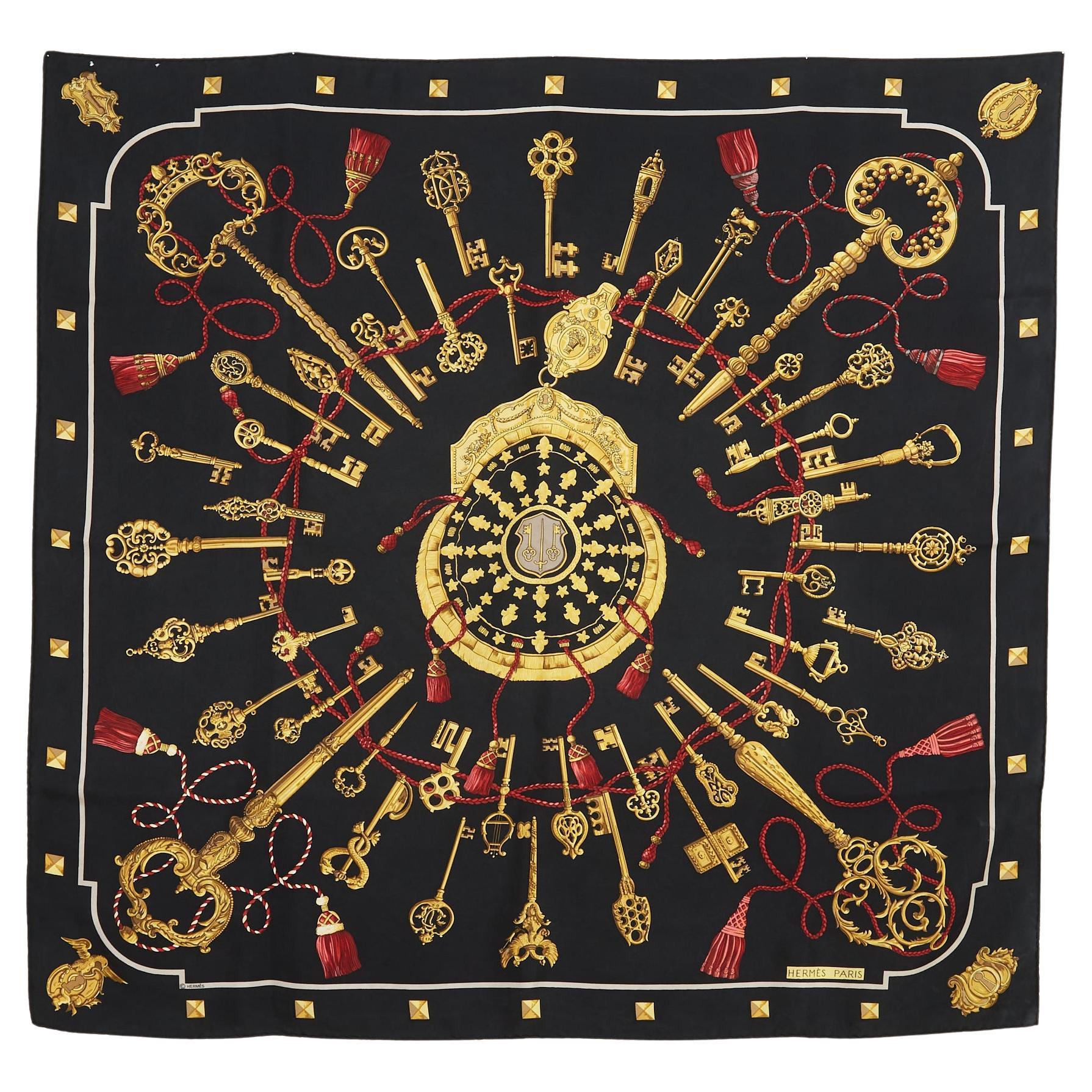 Hermès 2010 Foulard Carré 90 Les Cles Black Gold Silk Twill Scarf Hermes