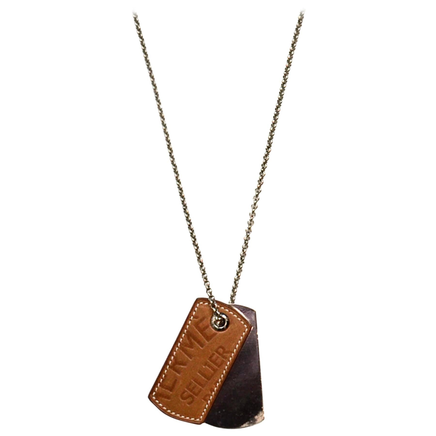 Hermes 2010 Leather & Palladium Dog Tag Necklace